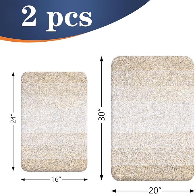 OLANLY Bathroom Rug Set 2 Piece, Soft Absorbent Microfiber Bath Rug Set, Non-Slip, Machine Wash Dry, Plush Shaggy Bath Mats for Bathroom (30"x20"+24"x16", Light Beige)