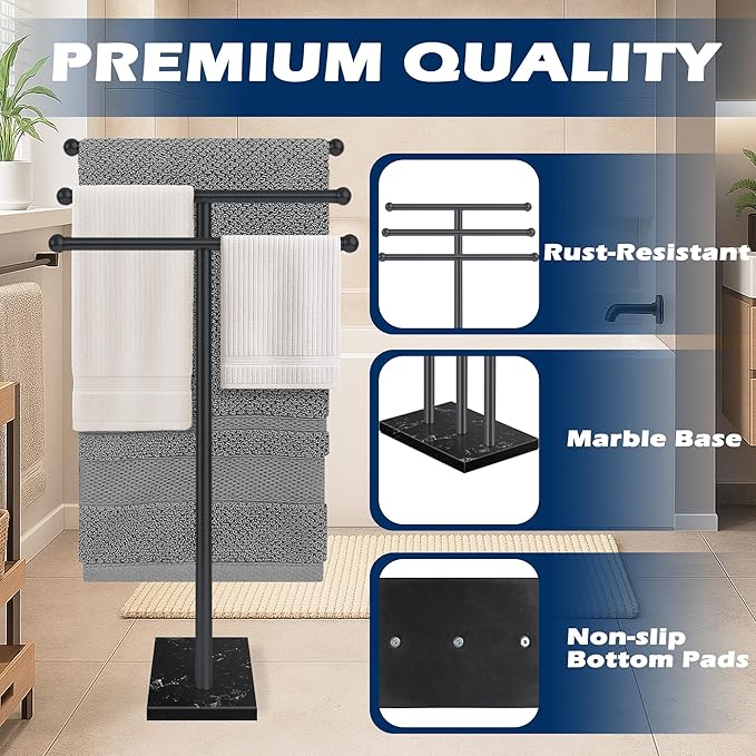 Standing Towel Rack with Marble Base, 3-Tier Free Standing Towel Racks for Bathroom, 40" Height Floor Towel Stand Holder for Bathroom, Black