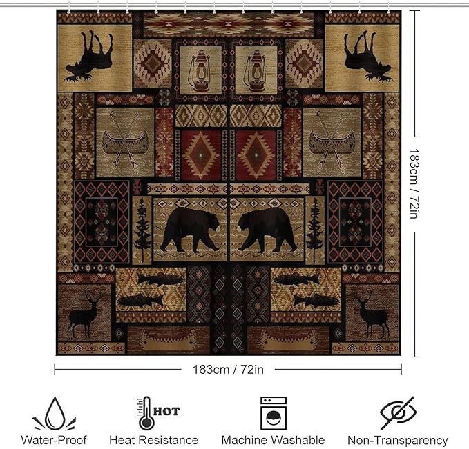 Rustic Bear Tribal 4 Piece Shower Curtain Sets, Non-Slip Rugs, Toilet Lid Cover and Bath Mat, Durable and Waterproof, for Bathroom Decor Set One Size