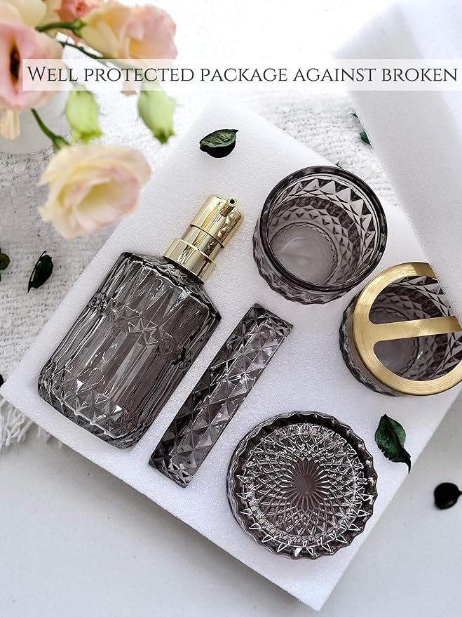 LaMarriti Gray Bathroom Accessories Set, 5Pcs Clear Glass Bathroom Sets, Soap Dispenser, Soap Dish, Toothbrush Holder Set, Cotton Swab Jar, Black and Gold Accent for Vintage Bathroom Decor, Gift Set