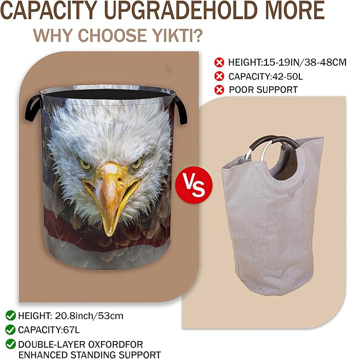 Bald Eagle Laundry Basket,Memorial American Flag Clothes Hamper,Oxford Cloth Collapsible Nursery Hamper Storage Organization for Bedroom,Bathroom,Office,College Dorms,16x20 Inch
