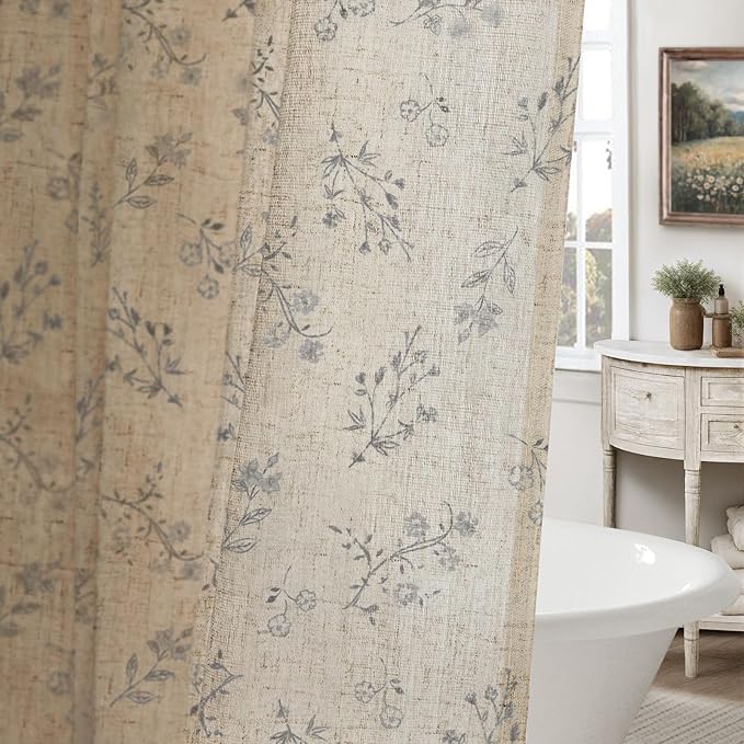 Grey Floral Farmhouse Vintage Linen Shower Curtain, French Country Shower Curtains for Bathroom, Gray, 72Wx72H