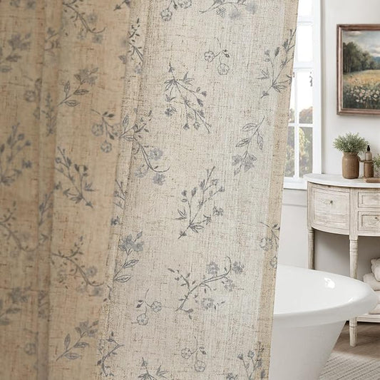 Grey Floral Farmhouse Vintage Linen Shower Curtain, French Country Shower Curtains for Bathroom, Gray, 72Wx72H