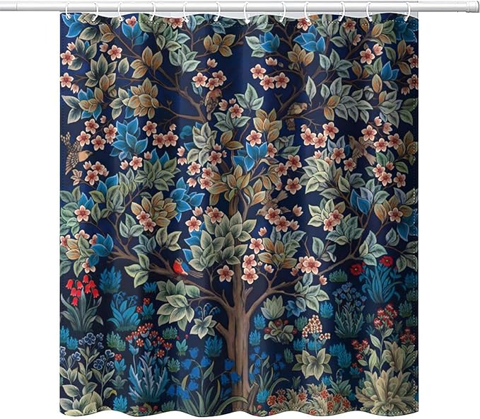 William Morris Floral Shower Curtain,Watercolor Vintage Flower Art Style Shower Curtain Set 72"×72" Inch