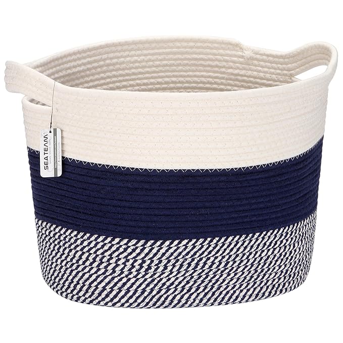 Sea Team Oval Large Cotton Rope Woven Storage Basket with Handles, Diaper Caddy, Baby Shower Basket, Nursery Nappies, Clothes Toys Organizer for Kid's Room, 16 x 13 inches, White & Mottled Navy
