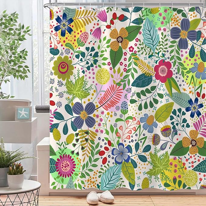 Aipon Colorful Floral Shower Curtain Boho Flower Green Leaf Shower Curtains for Bathroom Spring Wildflower Botanical Plant Bohemian Waterproof Fabric Bath Curtain Decor 72 X 72 Inches