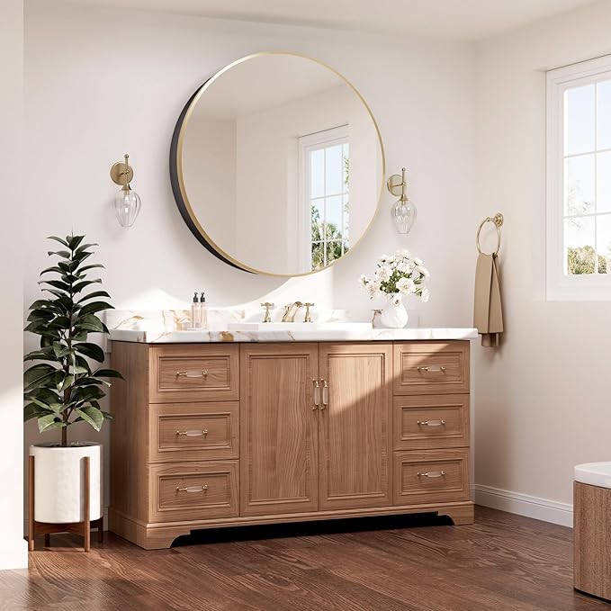 TETOTE Gold Round Bathroom Medicine Cabinet with Mirror 30 x 30, Adjustable Shelves, Farmhouse Wall Storage, Surface Mounted