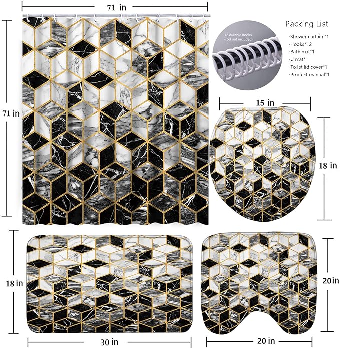 Poedist 4 Pcs Bathroom Shower Curtain Set, Honeycomb Marble Bathroom Sets with Rugs(Bath Mat,U Shape and Toilet Lid Cover Mat) and 12 Durable Hooks