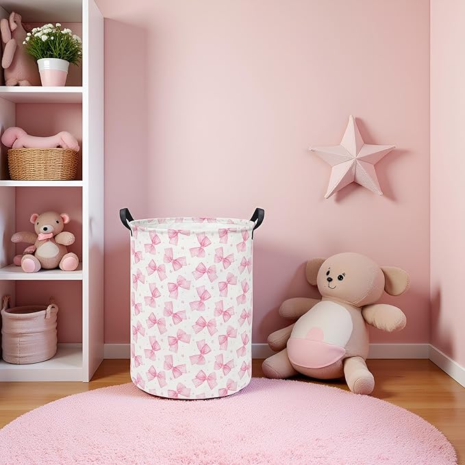 Baby Laundry Hamper kids laundry Basket Waterproof Storage Bin for Bedroom Toy Clothes Organizer Basket Woodland Animals Room D??cor(Pink Bowknot)