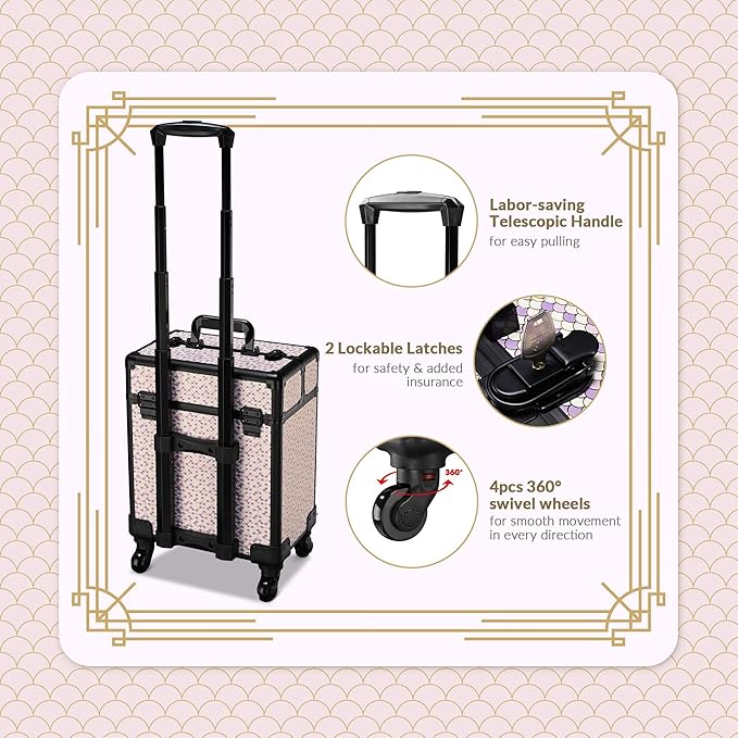 BYOOTIQUE Cosmetology Case on Wheels Cosmetic Trolley Travel Art Deco Tyrian