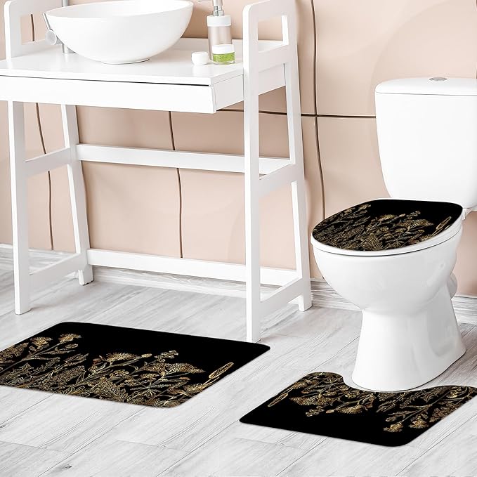 Riyidecor Vintage Black Gold Floral Wildflower 4Pcs Bathroom Shower Curtain Sets Botanical Leaves Bathroom Decor Set with Rugs and Accessories Rustic Toilet Lid Rug, Contour and Bath Mat with 12 Hooks