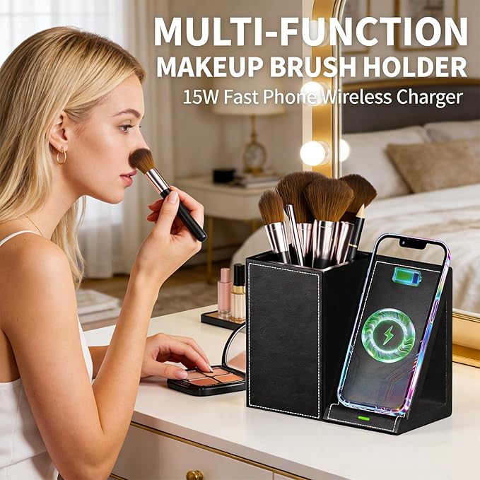 LADSTAG Makeup Brush Holder,Leather Makeup Brush Holder Organizer with phone charging stand???Makeup Organizers Countertop, Makeup organization and Skincare Storage for Vanity, Desktop, Bathroom