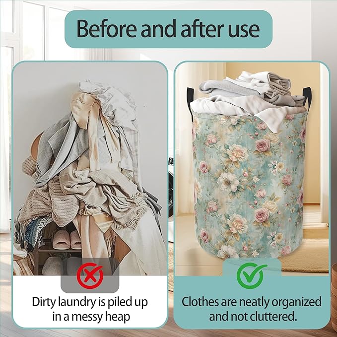 Laundry Hamper Foldable Oxford Cloth Vintage Flowers Laundry Basket With Handle Portable Clothes Storage Organizer Basket Storage Bag For Laundry Room/Bedroom/Bathroom