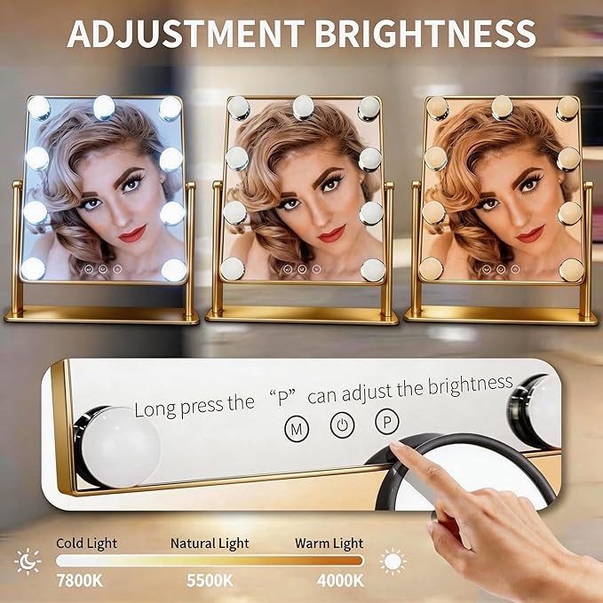 Makeup Vanity Mirror with Lights LED Makeup Mirror Detachable 10X Magnification, Hollywood Make Up Mirror with Lighting, Smart Touch, Rechargeable,360° Rotation, Gold 13.77"x 11.81"