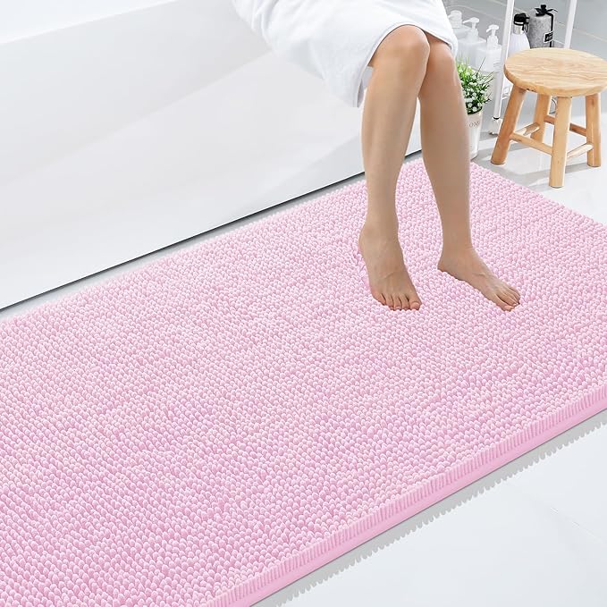 Smiry Luxury Chenille Bathroom Rugs 59x35, Extra Soft and Absorbent Shaggy Bath Mat, Machine Washable, Non-Slip Plush Carpet Runner for Tub, Shower, and Floor, Home Decor Accessories, Pink