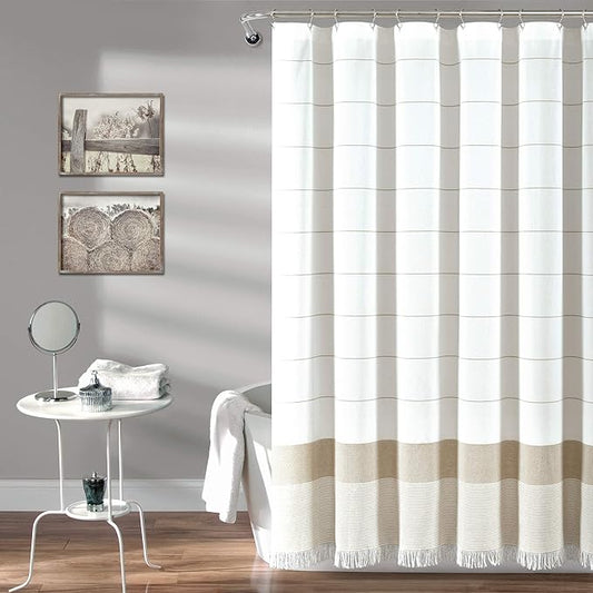 Lush Decor White Woven Cotton Shower Curtain with Taupe Stripe and Tassel Fringe, Bathroom Accessories (72" x 72")
