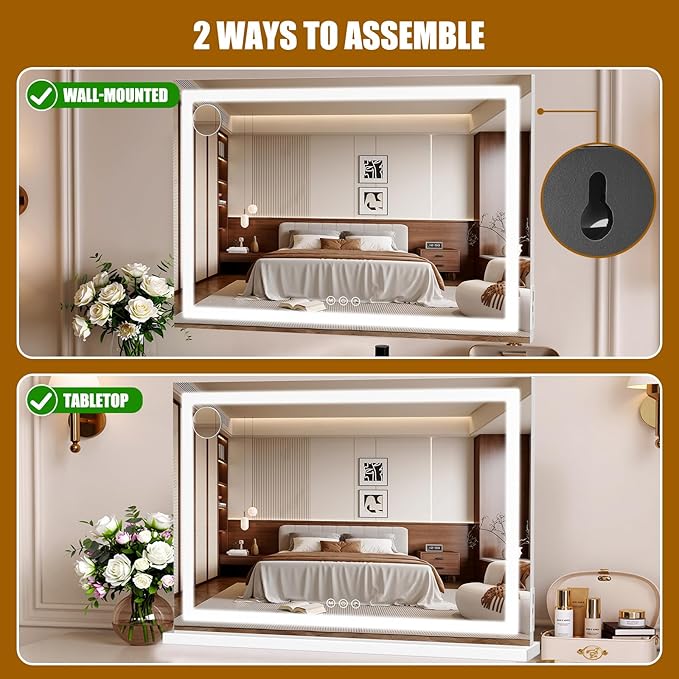 Vanity Mirror with Lights 32"x22", LED Makeup Mirror, 3 Color Lighting Modes, 10X Magnification, Smart Touch Control, Dimmable, Aluminum Metal Frame, Lighted Up for Vanity Desk (White)