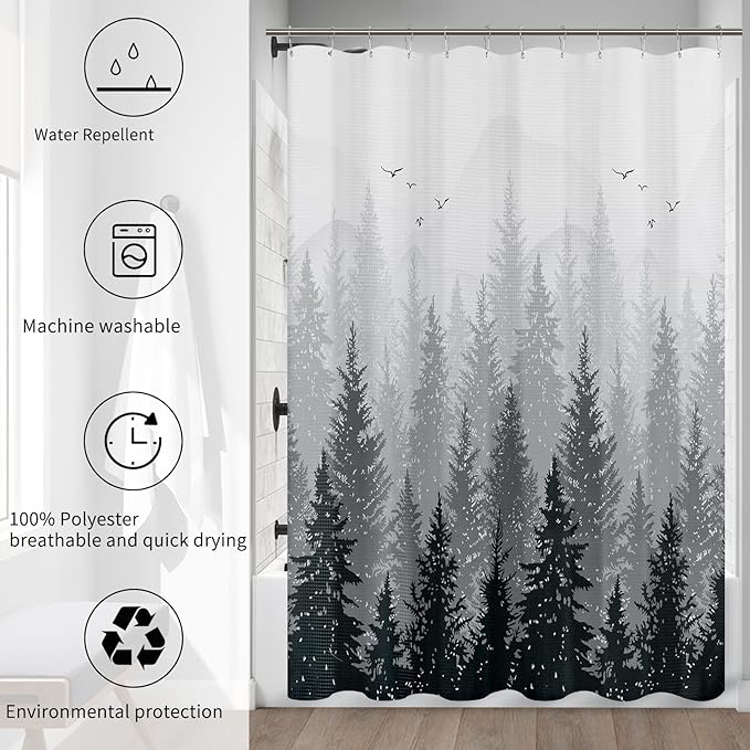 Hokibero Black and White Forest Bathroom Shower Curtain Set Mountain Nature Tree Plant Black and Gray Waffle Fabric Bath Curtains Hotels, 72x72 inch