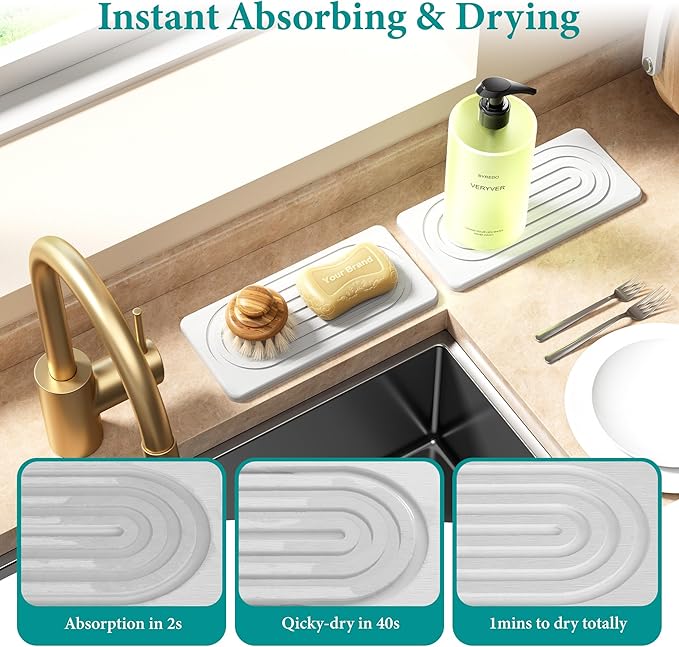 Water Absorbing Stone Tray, Quick Drying Diatomite Bathroom Tray Countertop, Stone Drying Mat for Kitchen Counter, Soap Dish Dispenser Vanity Organizer, White-A-8.3" x 4"