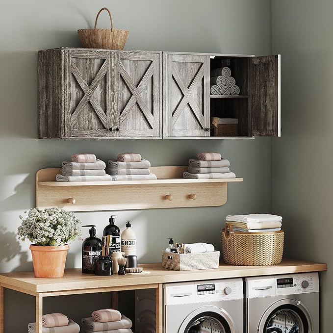 YOURLITE Laundry Cabinet, Medicine Cabinet, Bathroom Kitchen Storage Wall Mounted Farmhouse Organizer with Shelves Over Toilet, One Set of 2 Pieces X 24", Grey