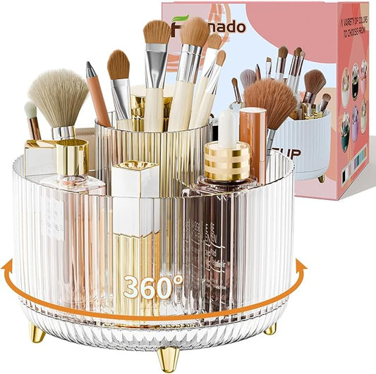 Clear Rotating Makeup Organizer Countertop for Vanity, 360?? Makeup Brush Holder Organizer with 5 Compartments, Transparent Cosmetic Storage for Lipstick, Skincare, Bathroom Counter(Transparent)