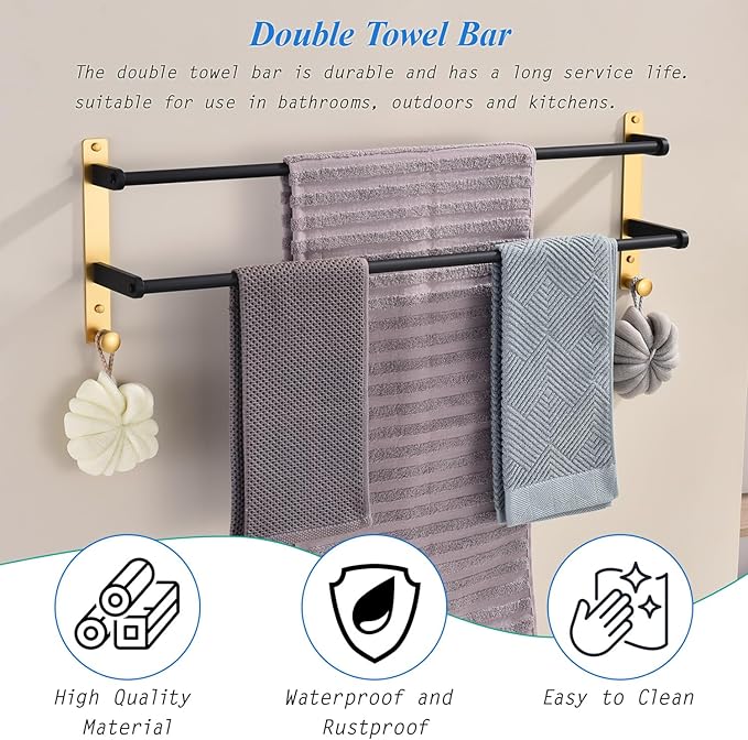 Double Towel Bar with Hooks, 30 Inch Long Towel Hanger - Stainless Steel Bathroom Towel Rack Wall Mounted, Black & Gold