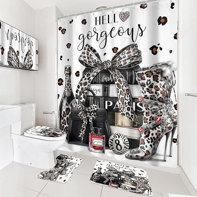 Cinbloo 4Pcs White Black Leopard Shower Curtain Set,Cheetah Fashion Luxury Magazine Books Perfume High Heels Bathroom Curtain with Rug, Toilet Lid Cover, Bath Mat,Girls Shower Curtain with 12 Hooks