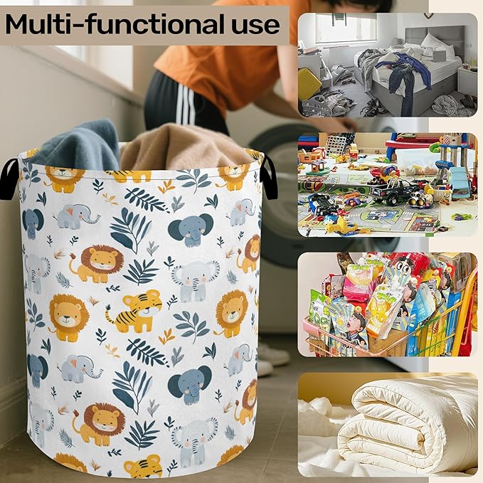 Cute Wood Animals Foldable Canvas Laundry Basket with Handles - Toy Organizer, Heavy Duty for Home，Bedroom, Dorm, Bathroom