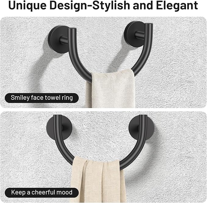 TNOMS Black Smiley Face Towel Ring Bathroom Hand Towel Holder Stainless Steel Wall-Mounted Bathroom Hardware Accessories Towel Rack