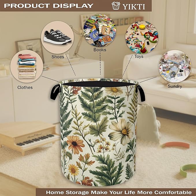 Laundry Hamper,Green Herb Leaf Laundry Basket,Farmhouse Wildflower Portable Collapsible Laundry Room Organization Storage for Dorm Room,Nursery,Bathroom,Bedroom,16x20 Inch