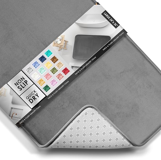 Clara Clark Bathroom Rugs Bath Mat Set, Velvet Memory Foam Bath Mats for Bathroom - Non-Slip, PVC Backing Bath Rugs, Washable Bathroom Rug Mats - Dries Quickly - 24 x 36 Grey