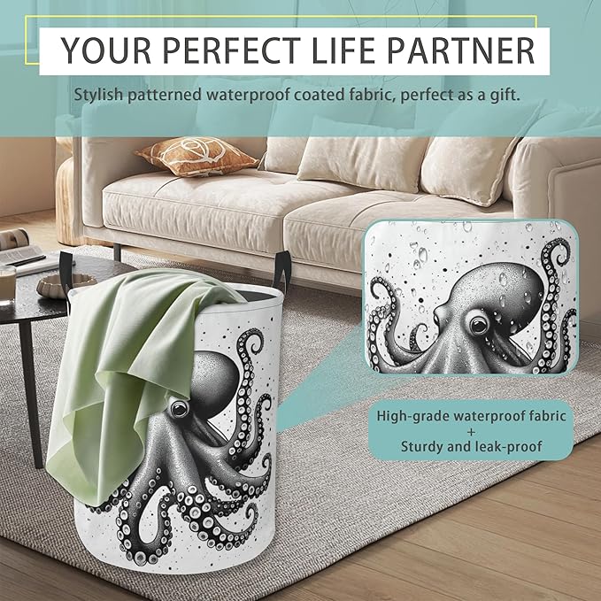 Octopus Round Laundry Hamper Storage Basket Toys Clothes Organizer Bin For Home Bathroom Bedroom Dorm Nursery