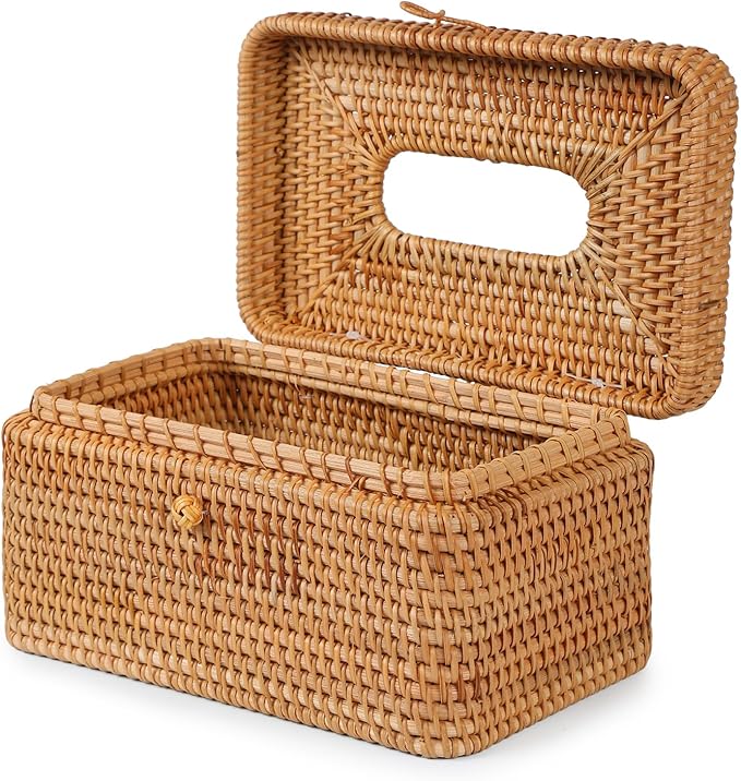 Rattan Rectangular Tissue Box Cover, 10.8" x 6.7" x 5.5", Decorative Woven Facial Tissue Holder with Hinged Top Lid, Natural Color
