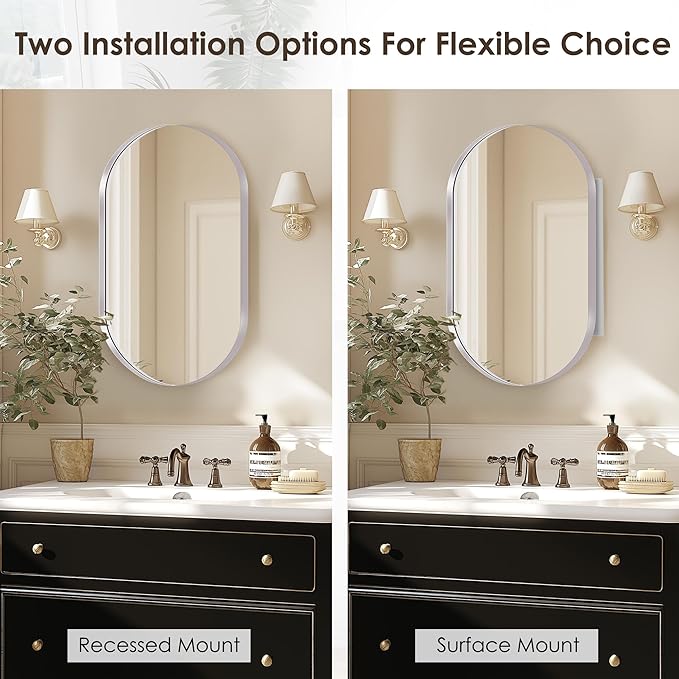 SogesHome Medicine Cabinet with 24x36 Oval Mirror, Wall Mount Bathroom Vanity with Storage, 2 Shelves, Perfect for Bathroom, Silver