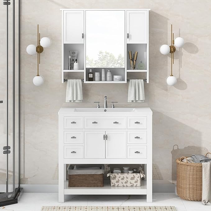 Merax Medicine Cabinet for Bathroom, Wall Mount Bathroom Cabinet with Mirror, Open Shelf, and Towel Bar, 35" W x 28.7" H Over The Toilet Mirrored Bath Wall Cabinet