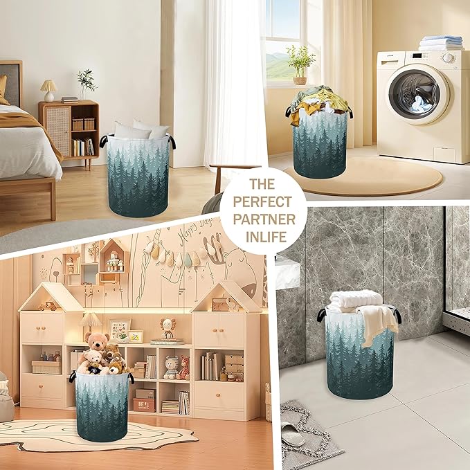 Foggy Forest Laundry Hamper,Green Tree Clothes Hamper for Laundry,Waterproof Oxford Toy Storage Collapsible Hampers for Bedroom, Dorm Room,Bathroom,16x20 Inch