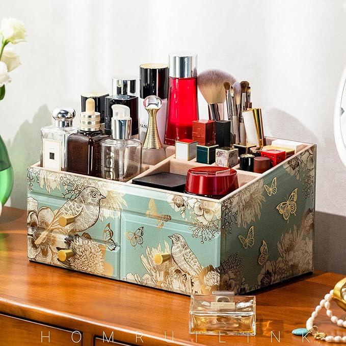 Glass Makeup Organizer for Vanity - Vanity Case with Drawers & Velvet Lining, Countertop Organizer for Lipstick, Brushes, Skincare, Perfume - Valentine's Day Gifts for Women