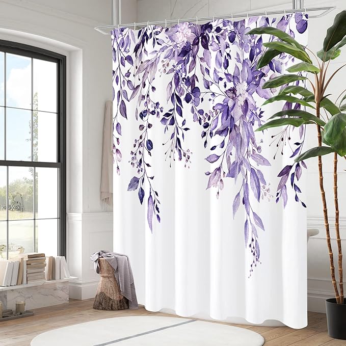 Gibelle Long Shower Curtain 72 x 78, Purple Floral Shower Curtain for Bathroom, Watercolor Plant Eucalyptus Leaves Fabric Shower Curtain Set