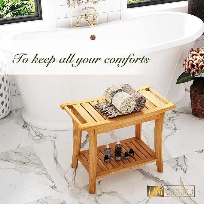 Unibambou Bamboo Shower Bench with Storage Shelf, Spa Bath Chair for Bathroom, Seat or Organizer for Living Room, Bedroom and Garden - Great for All Ages Unisex Elderly (Large, Natural)