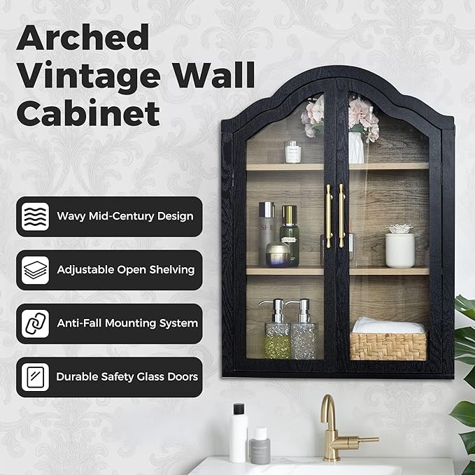 Furnaza Black Arched Wall Mounted Cabinet, Display Medicine Cabinets with Tempered Glass Doors and Adjustable Shelf for Bathroom,Kitchen,Living Room
