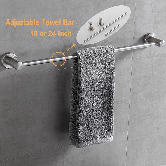 4-Piece Bathroom Hardware Set，Brushed Nickel SUS304 Stainless Steel Wall Mounted Bathroom Accessories Kit Include Adjustable Expandable Towel Bar，Hand Towel Ring, Toilet Paper Holder, Robe Hook