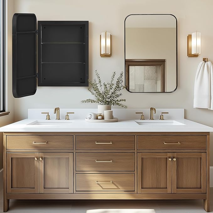 DlandHome Bathroom Medicine Cabinet with Mirror, 24”x16” Recessed Medicine Cabinet for Bathroom with Beveled Edge Mirror, Wall Mounted Deep Set Alumiunm Frame,Black