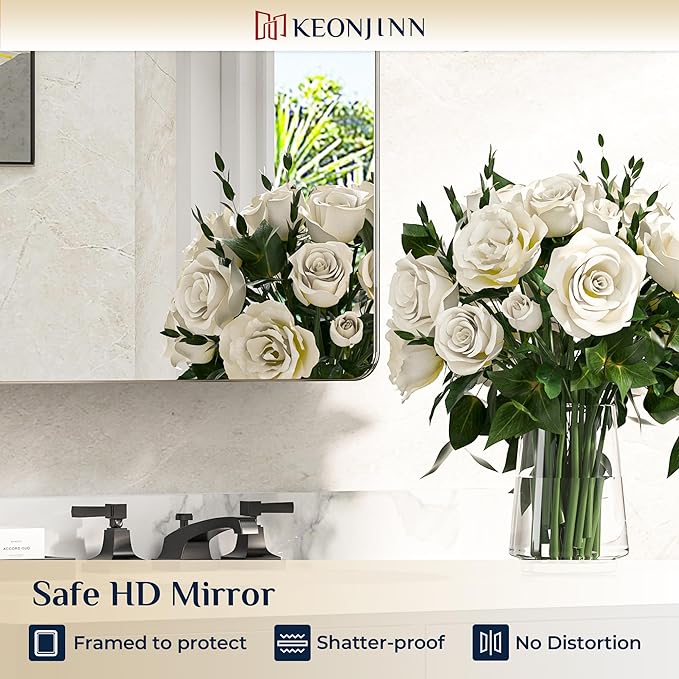 Keonjinn 20 x 26 Inch Chrome Recessed Medicine Cabinets, Mirrored Bathroom Medicine Cabinet, Elegant Stainless Steel Framed, Stepless Adjustable Shelves, In Wall or Surface Mount, Soft Closing, Modern