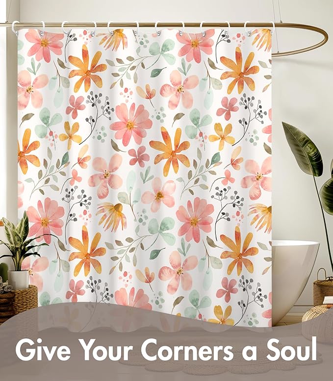 MAMUSE Shower Curtain for Bathroom - Cute Aesthetic Decorative Modern Girly Unique Girls Design Pretty Women Waterproof Fabric Cloth Cortinas de Baño Bathtub 72 x 72 Inch, Orange Floral