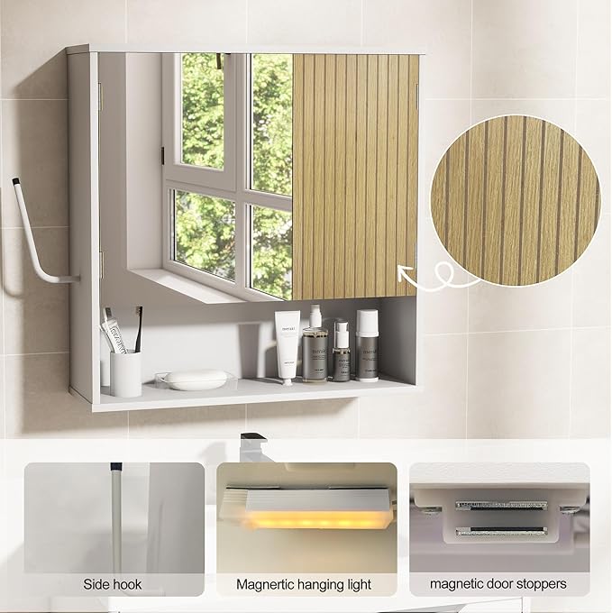 Bathroom Wall Cabinet With Mirror,wall mounted bathroom cabinet,Medicine Cabinet with 2 Door ,Side Hook,Light and Adjustable Shelves,White Cabinet with Wood Grain,Over The Toilet Space Saver Cabinet.