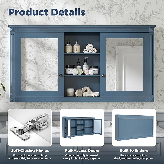 Merax Bathroom Medicine Cabinet with Mirror Door & Adjustable Shelf, 55" x 28" Wall Mounted Bathroom Storage Cabinet with Mirror, Over The Toilet