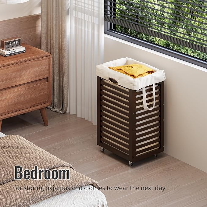 Laundry Hamper with Wheels,Rolling Laundry Basket with Removable Bag,Bamboo Clothes Hampers with Handles for Clothing, Bathroom, Bedroom, Laundry Room (Brown)