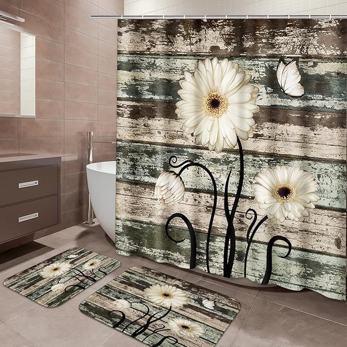 ArtSocket Vintage Flower Bathroom Set with Shower Curtain and Bath Rugs and Accessories,Daisy Wooden Non-Slip Shower Curtain Set,Bathroom Decor 3 Pcs