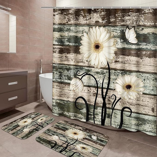 ArtSocket Vintage Flower Bathroom Set with Shower Curtain and Bath Rugs and Accessories,Daisy Wooden Non-Slip Shower Curtain Set,Bathroom Decor 3 Pcs
