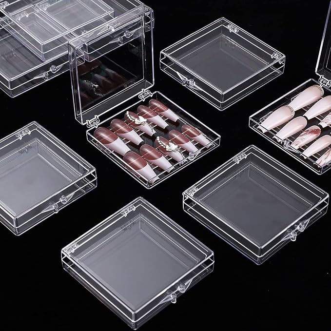Noverlife 10PCS Press On Nail Storage Box, 2.6x2.6 inch / 6.5x6.5cm Clear Empty Plastic Nail Tips Storage Box with Arcylic Nail Display Sticks, Nail Glue Double Sided Tape for Press on False Nail